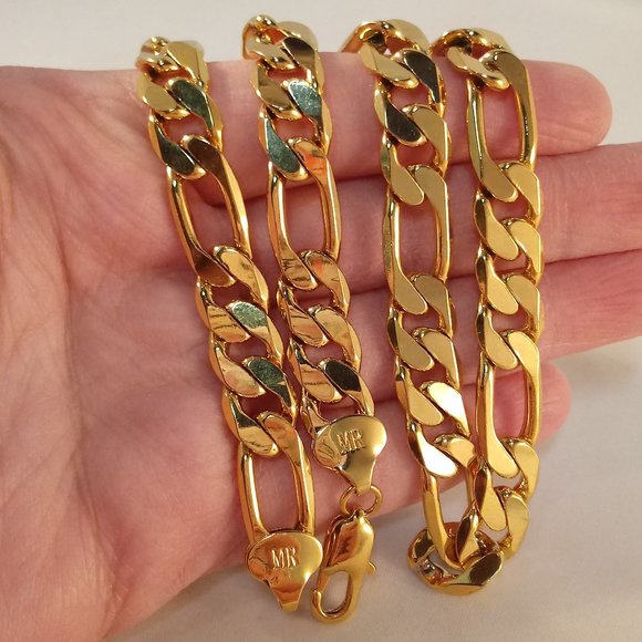 Men's 18K Yellow Gold Filled Figaro Chain Necklace 19.5" 10mm Gift Stamped MR - Picture 4 of 4